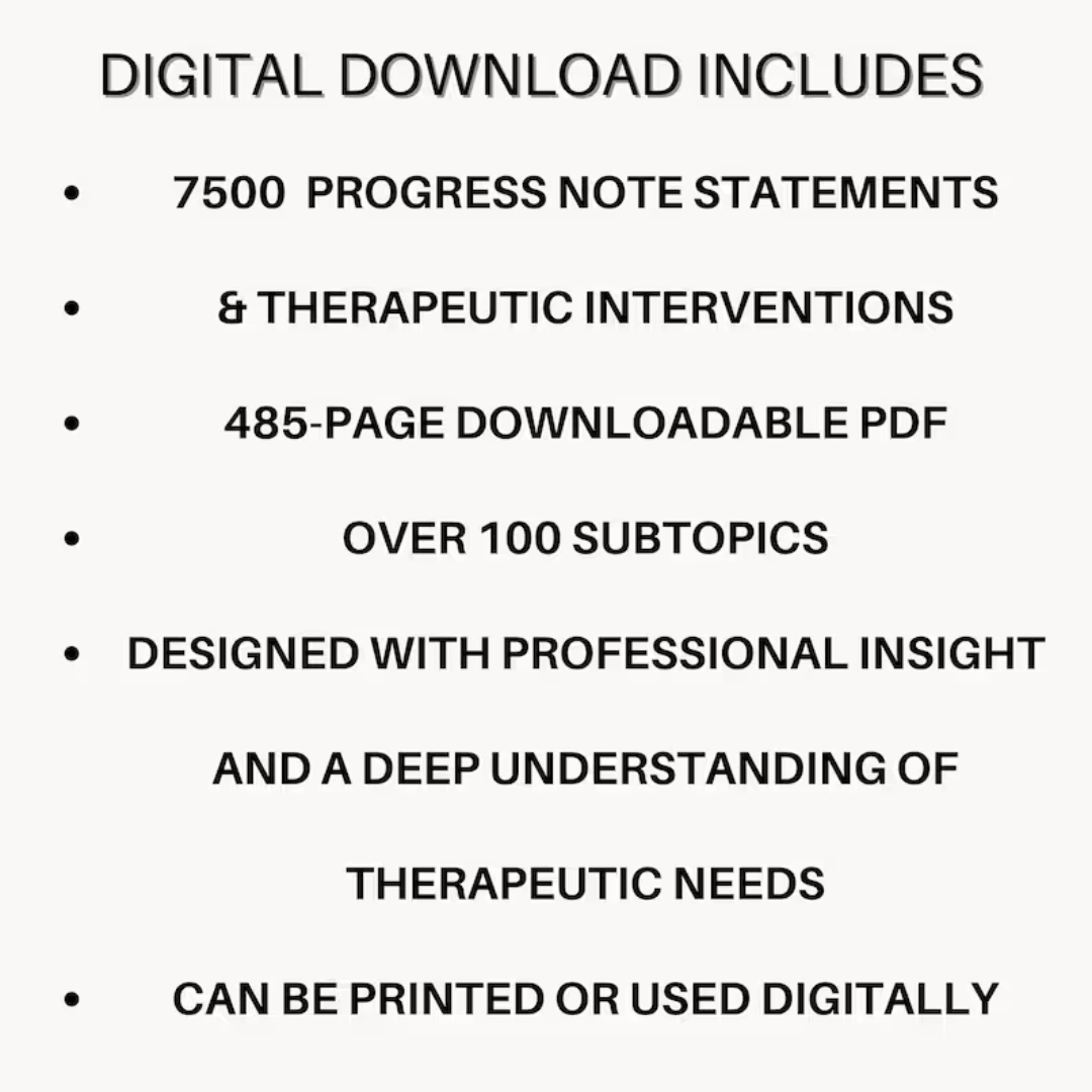 Therapy Progress Note Statements | Therapeutic Interventions Resource Counselor Documentation Workbook Therapist Worksheet Treatment Session