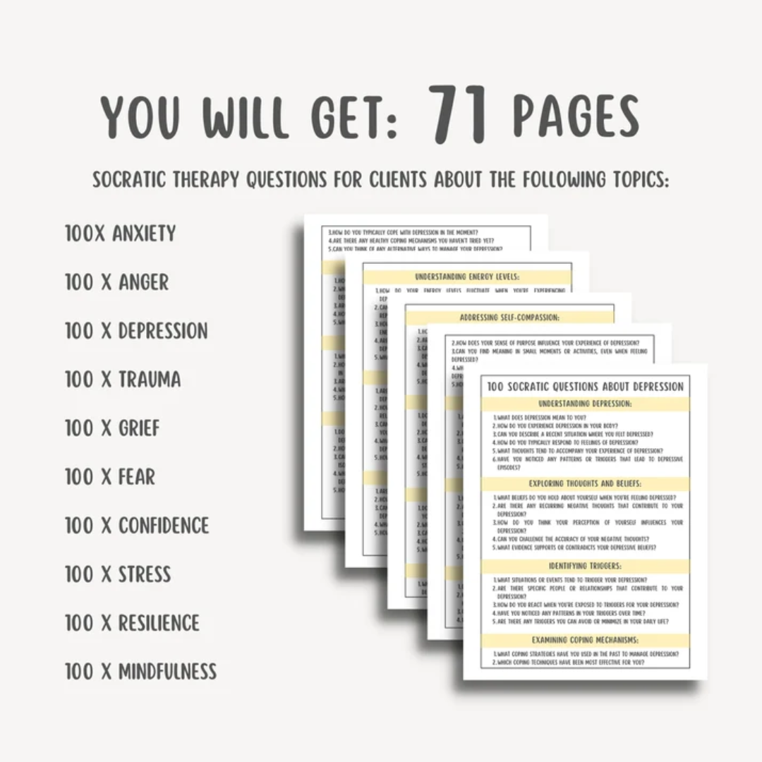 1000 Socratic Therapy Questions, Intervention Phrases, Therapy Cheat Sheet ACT, Mental Health Counsellor Resources, Critical Thinking