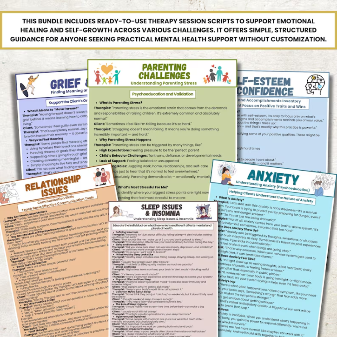 Therapy Session Scripts Guide, 100+ Sheets, Psychotherapy Tools, Mental Health Guided, Specific Therapy Techniques, Therapist Session