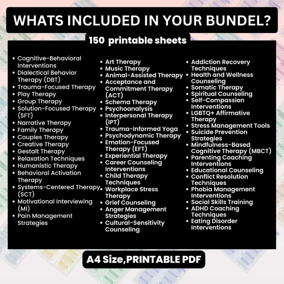 1700 Therapy Interventions, Mental Health Techniques, Therapy Cheat Sheet, Cognitive Behavioral, Digital Download, Psychotherapy Notes