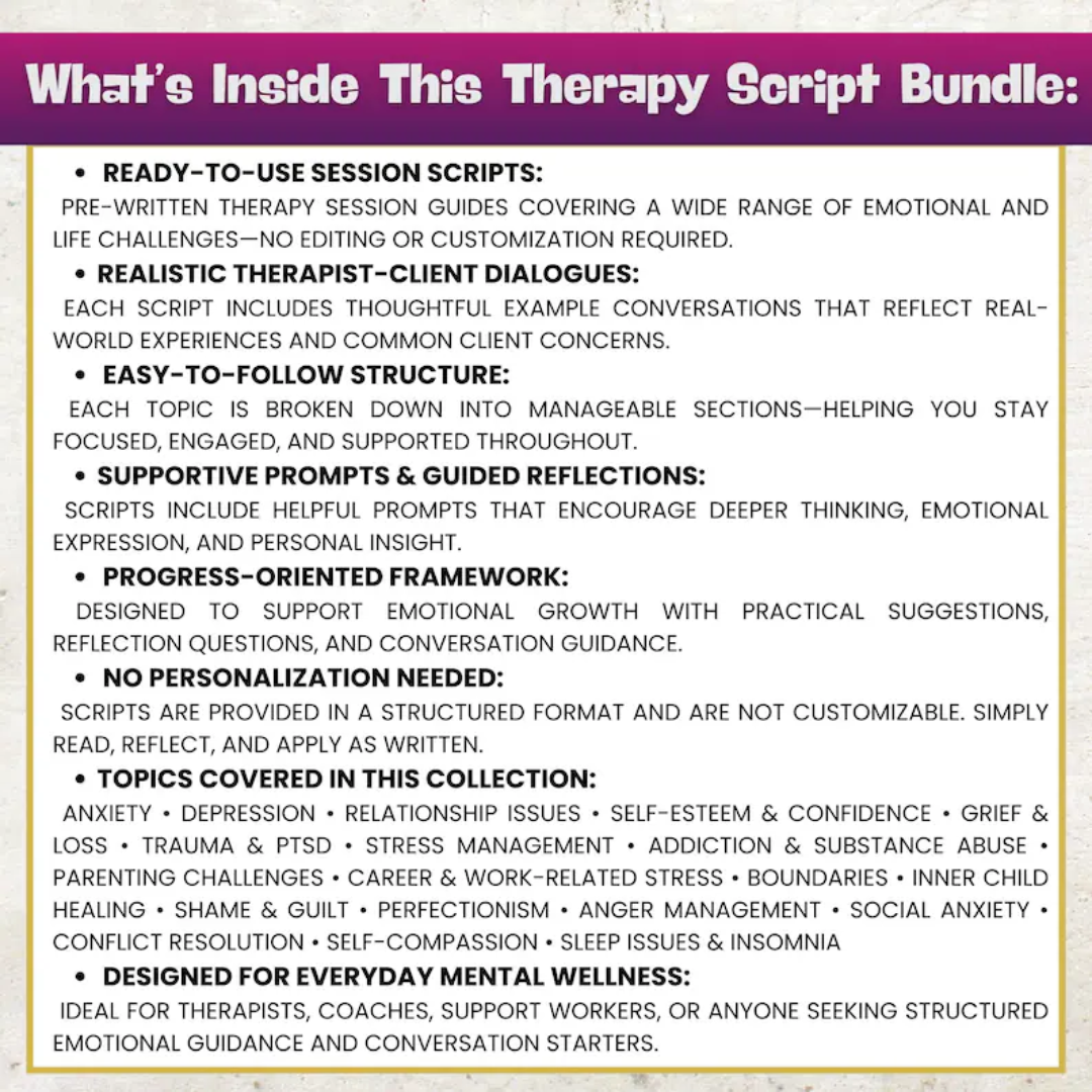 Therapy Session Scripts Guide, 100+ Sheets, Psychotherapy Tools, Mental Health Guided, Specific Therapy Techniques, Therapist Session
