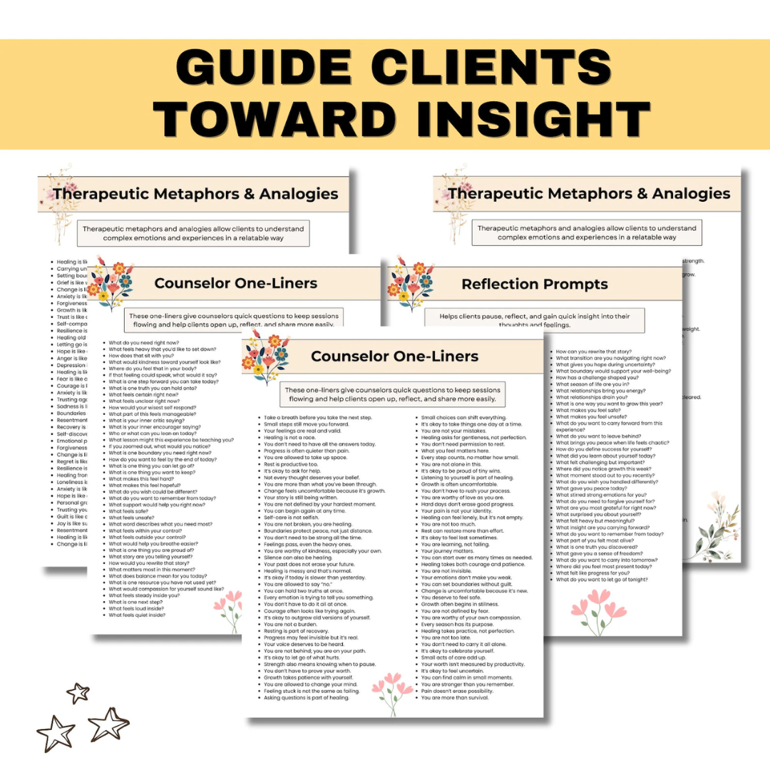 Counselor One-Liners Cheat Sheets, Therapy Tools For Counselors, 150+ Statements, Reflection Journal Prompts, Therapy Reference Printable