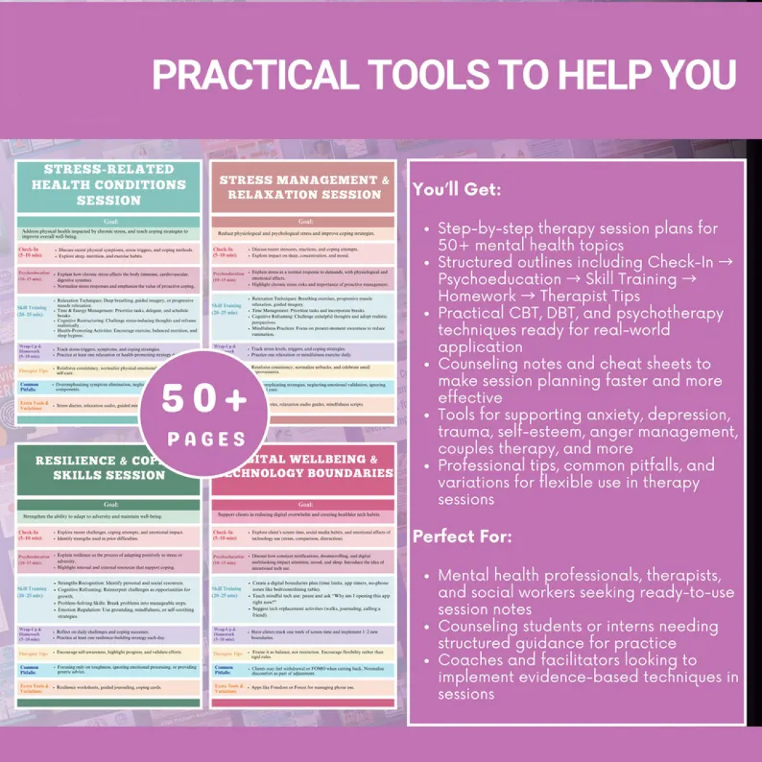 Therapy Interventions Guide, 50+ Topics Session Plan, Mental Health Techniques, Counseling Notes, Psychotherapy Cheat Sheets, CBT, DBT Tools