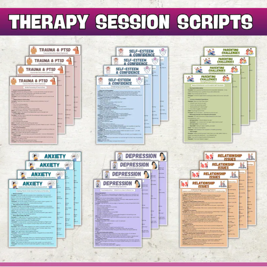 Therapy Session Scripts Guide, 100+ Sheets, Psychotherapy Tools, Mental Health Guided, Specific Therapy Techniques, Therapist Session