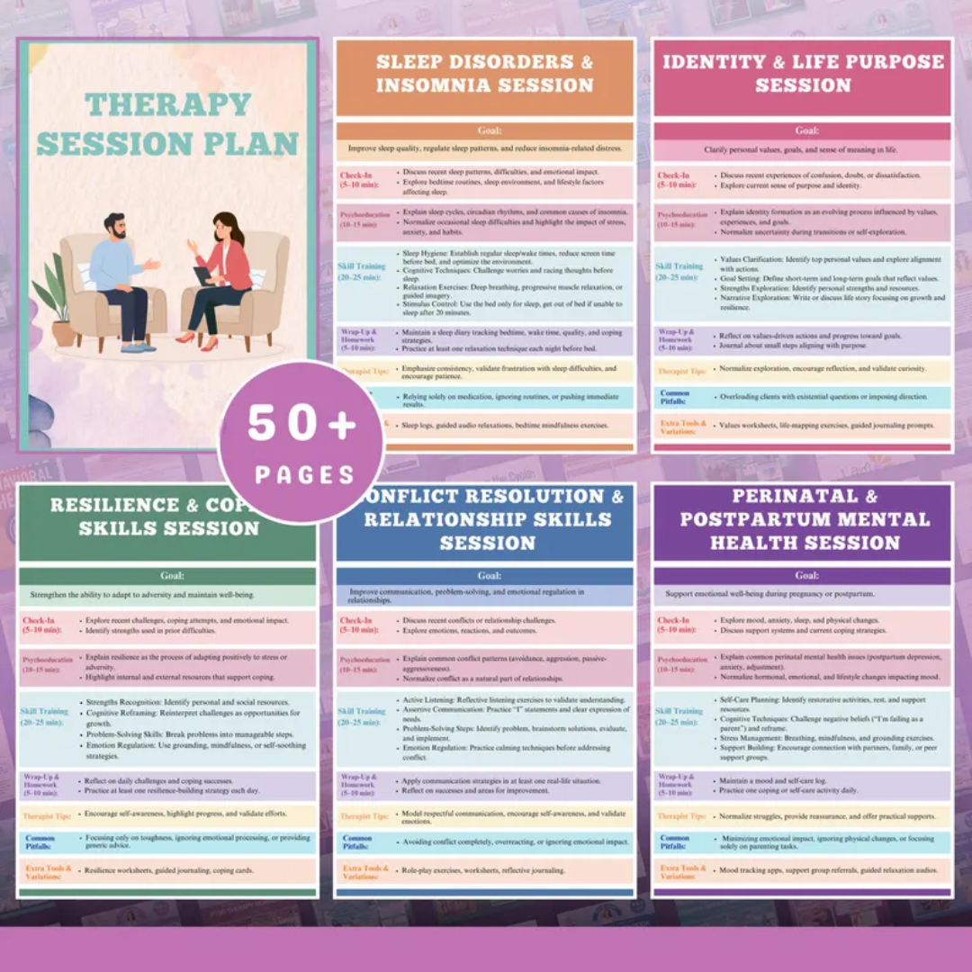 Therapy Interventions Guide, 50+ Topics Session Plan, Mental Health Techniques, Counseling Notes, Psychotherapy Cheat Sheets, CBT, DBT Tools