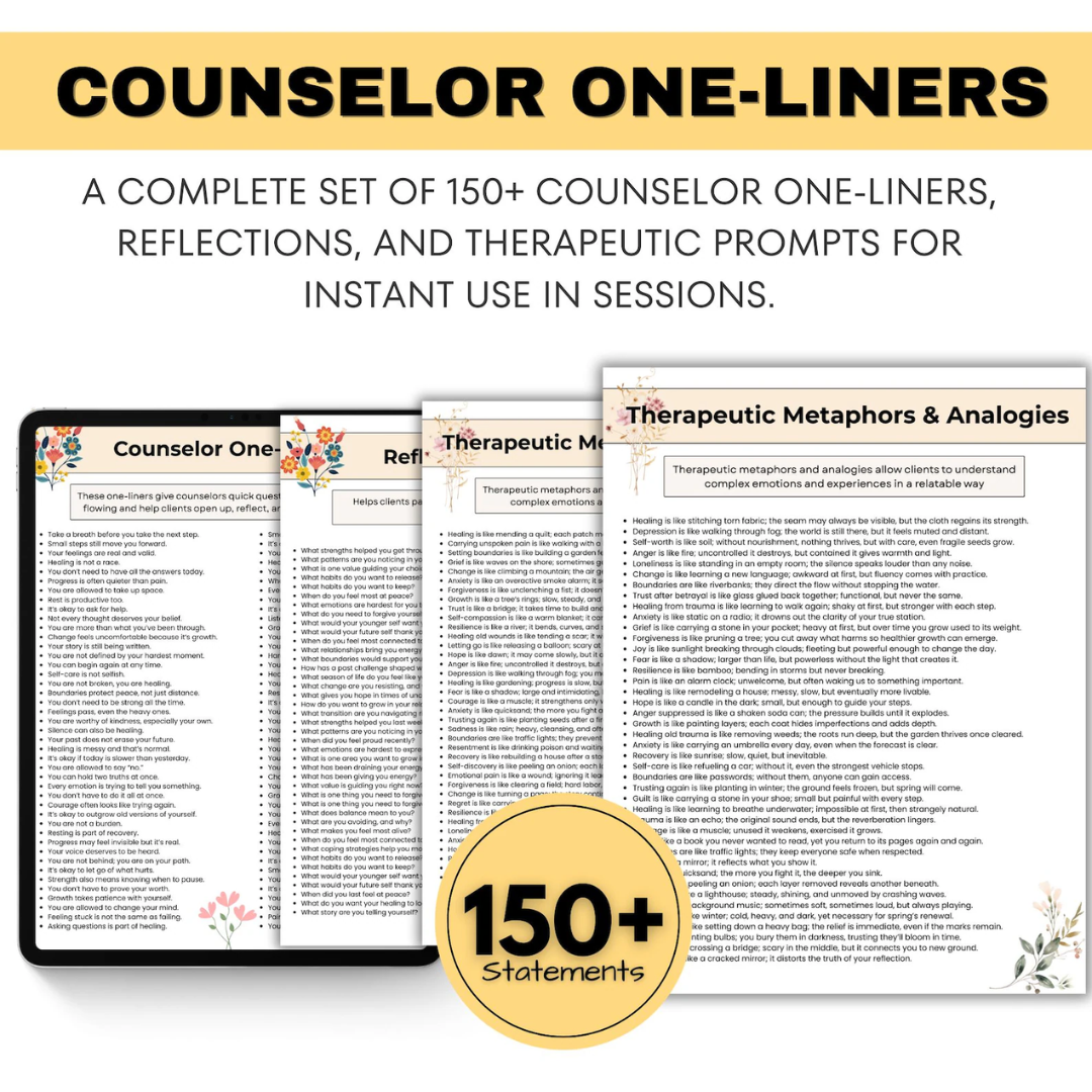 Counselor One-Liners Cheat Sheets, Therapy Tools For Counselors, 150+ Statements, Reflection Journal Prompts, Therapy Reference Printable