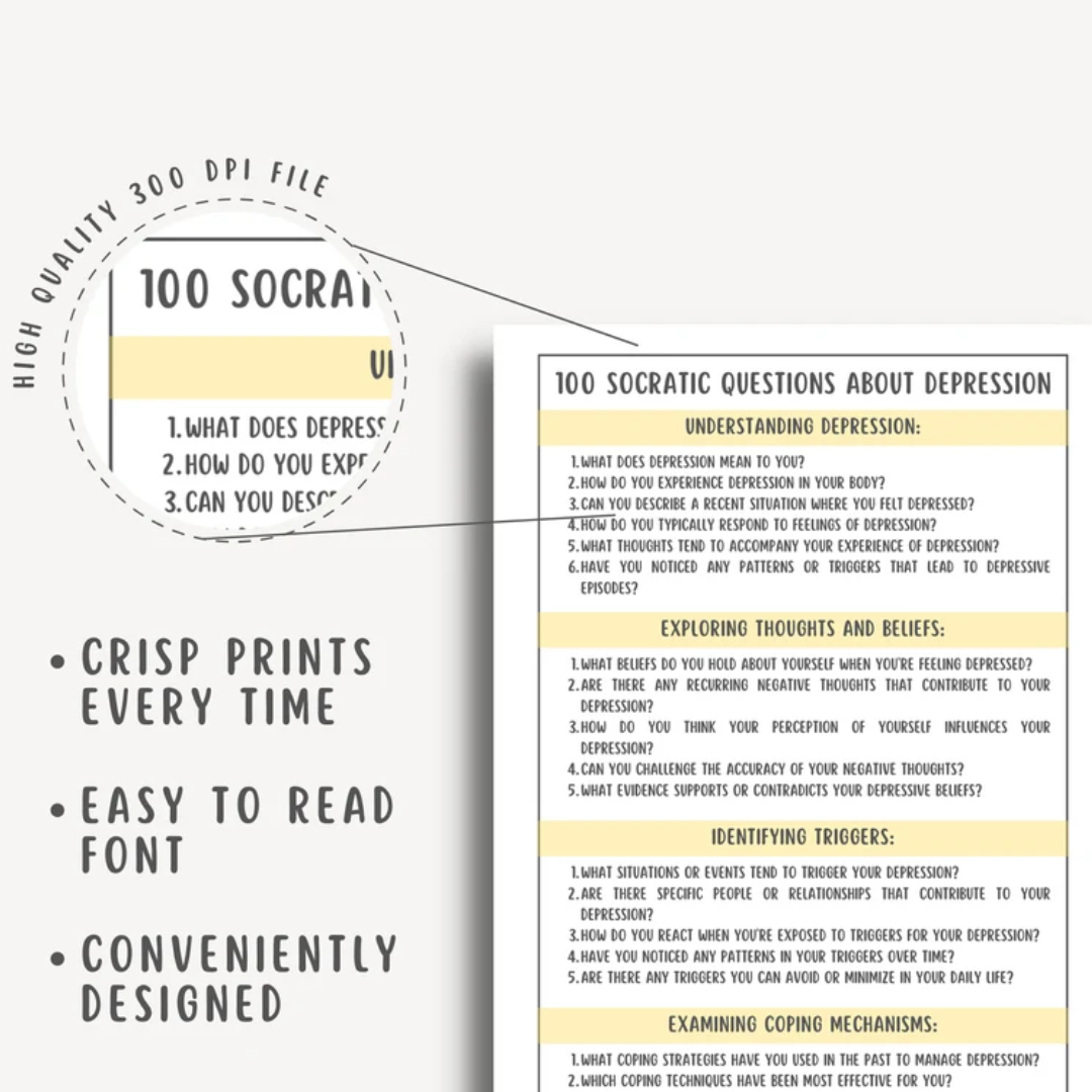 1000 Socratic Therapy Questions, Intervention Phrases, Therapy Cheat Sheet ACT, Mental Health Counsellor Resources, Critical Thinking