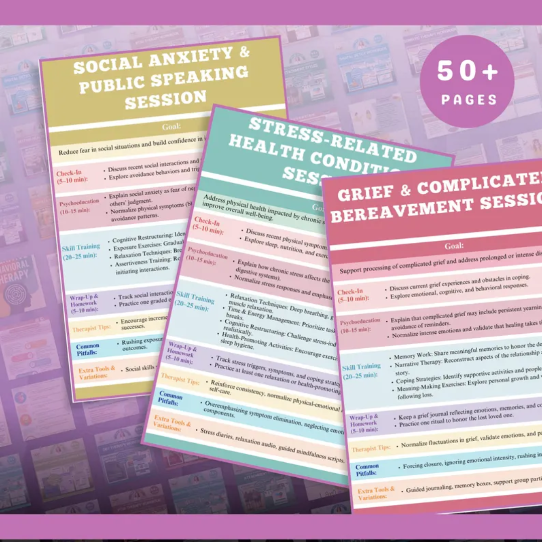 Therapy Interventions Guide, 50+ Topics Session Plan, Mental Health Techniques, Counseling Notes, Psychotherapy Cheat Sheets, CBT, DBT Tools