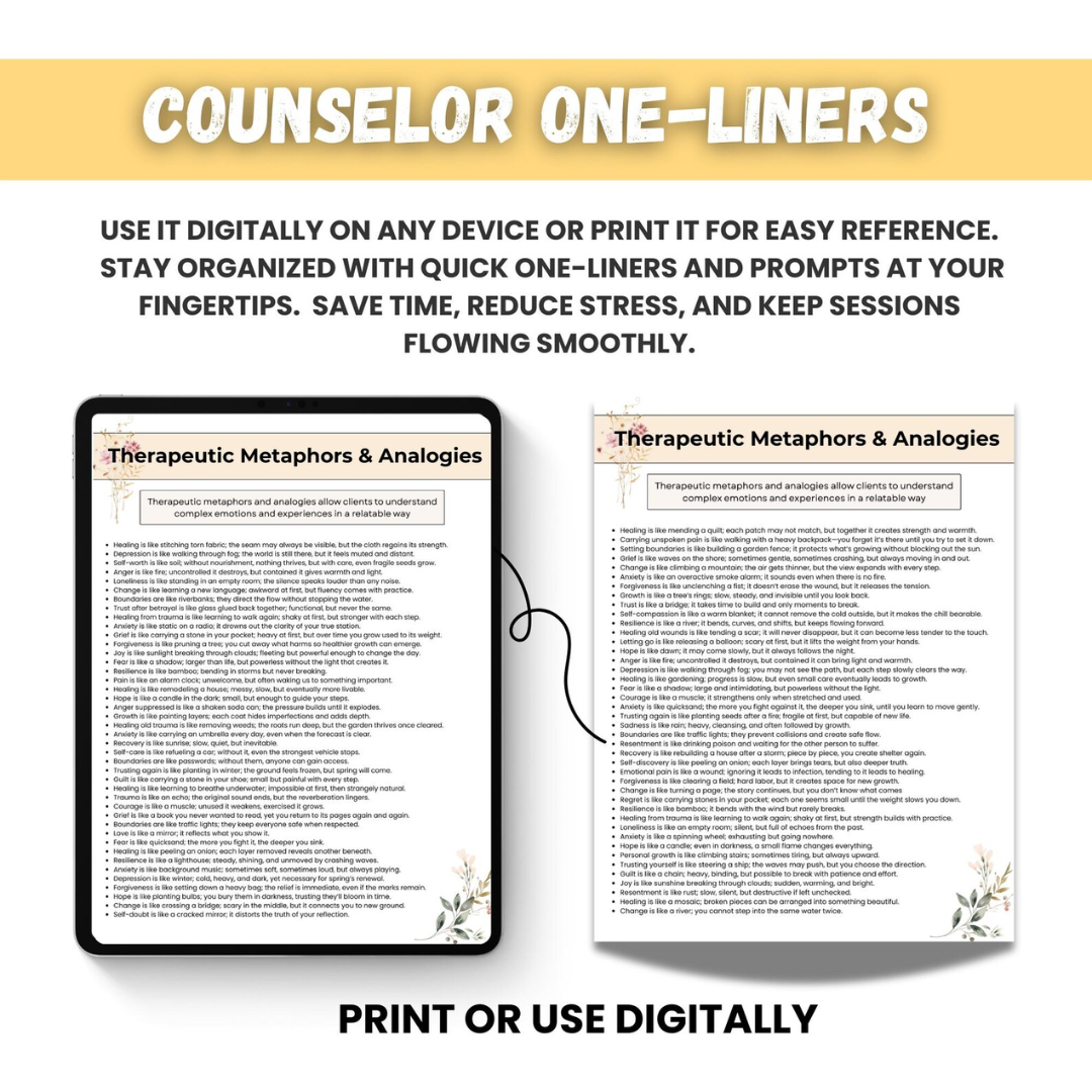 Counselor One-Liners Cheat Sheets, Therapy Tools For Counselors, 150+ Statements, Reflection Journal Prompts, Therapy Reference Printable